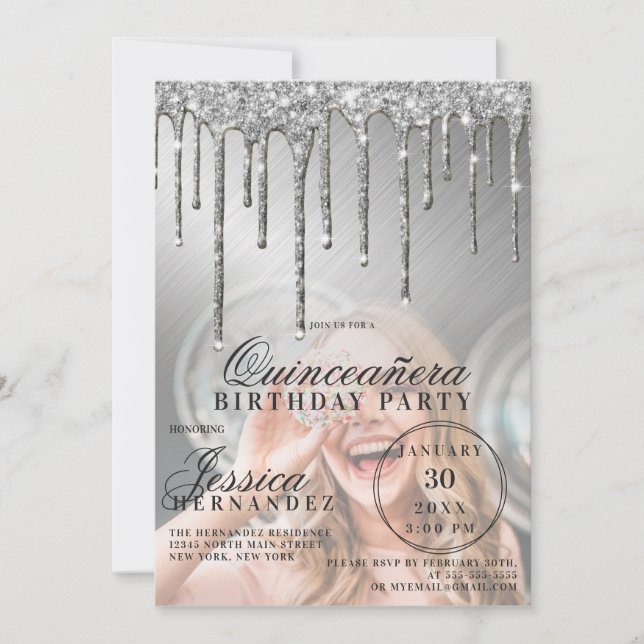 Invitación Purpurina metálico de plata foto Quinceañera (Anverso)