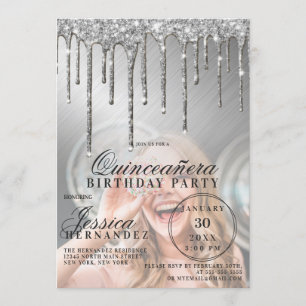 Invitación Purpurina metálico de plata foto Quinceañera