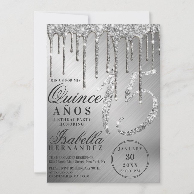 Invitación Purpurina metálico Glam Silver Drips Quinceañera (Anverso)