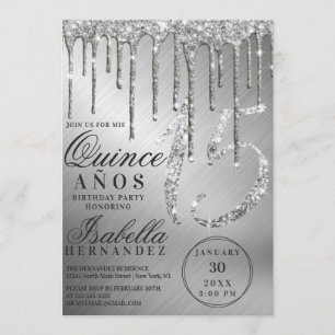 Invitación Purpurina metálico Glam Silver Drips Quinceañera