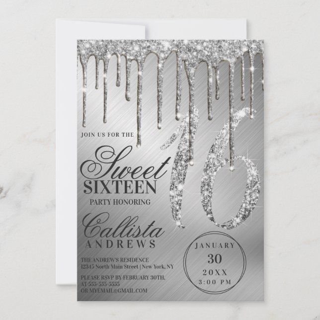 Invitación Purpurina metálico Glam Silver Drips Sweet 16 (Anverso)