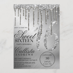 Invitación Purpurina metálico Glam Silver Drips Sweet 16