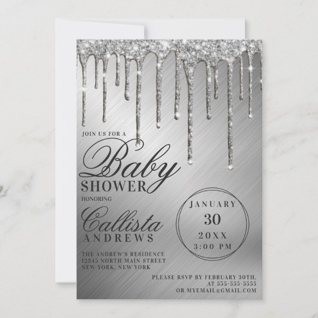 Invitación Purpurina metálico Glam Silver gotea en Baby Showe (Anverso)