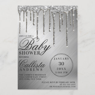 Invitación Purpurina metálico Glam Silver gotea en Baby Showe