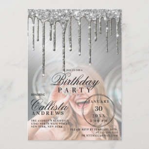 Invitación Purpurina metálico Glam Silver Perforaciones Foto 