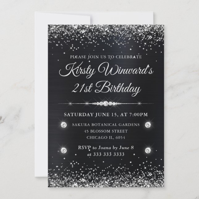 Invitación Purpurina metálico negro y plateado 21º cumpleaños (Anverso)
