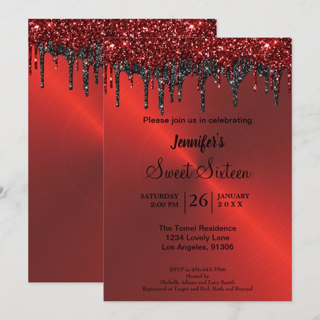 Invitación Purpurina metálico rojo dulce dieciséis (Anverso / Reverso)