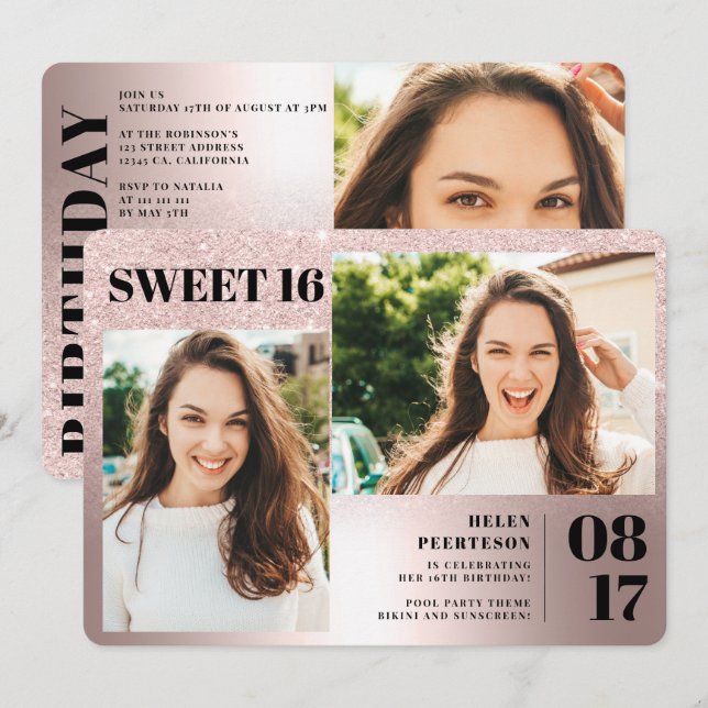 Invitación purpurina metálico Rosa 3 fotos Sweet 16 cumpleaño (Anverso / Reverso)