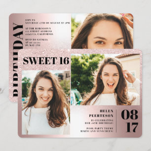 Invitación purpurina metálico Rosa 3 fotos Sweet 16 cumpleaño