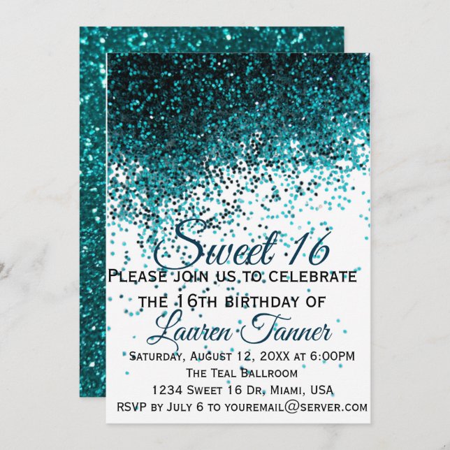 Invitación purpurina metálico verde azulado dulce 16 invitaci (Anverso / Reverso)