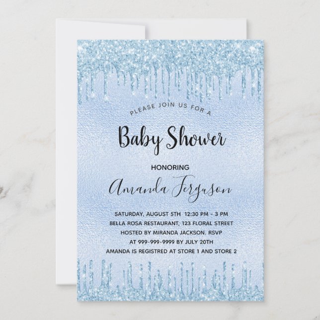 Invitación purpurina metalizado azul claro Baby Shower gotea  (Anverso)