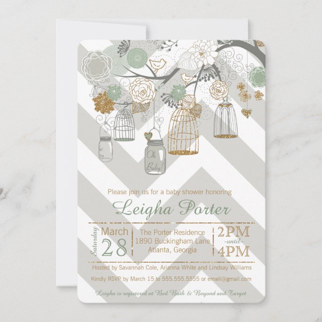 Invitación Purpurina Mint Gold Baby Shower Mason Jar Bird Cag (Anverso)