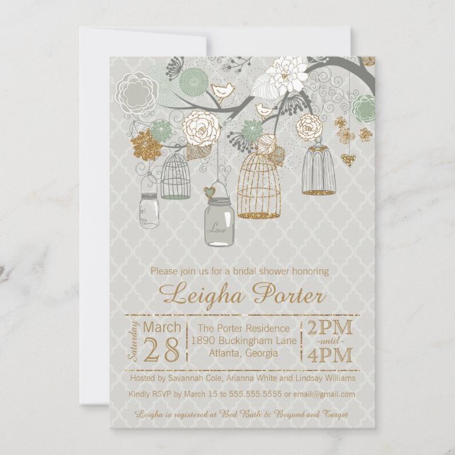 Invitación Purpurina Mint Gold Ducha de novia Mason Jars Cage (Anverso)