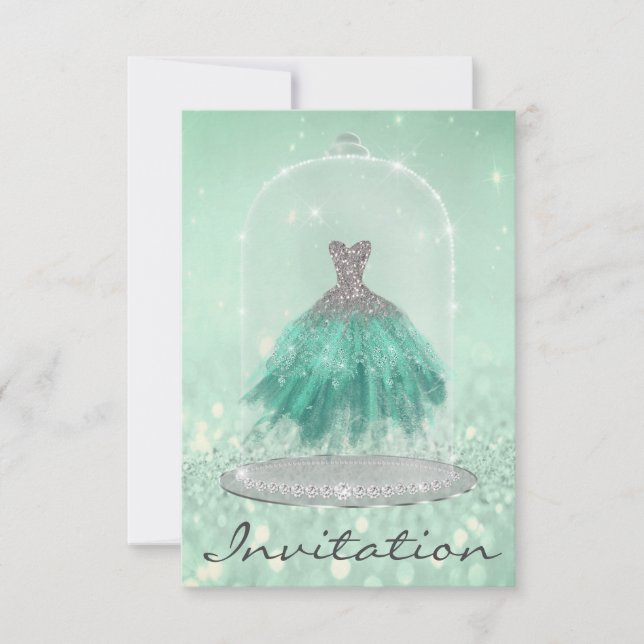 Invitación Purpurina Mint Green TiffanyDiamond Vestido dulce  (Anverso)