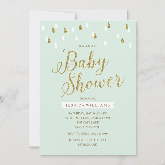 Invitación Purpurina Mint Green y Gold llueve a Baby Shower (Anverso)