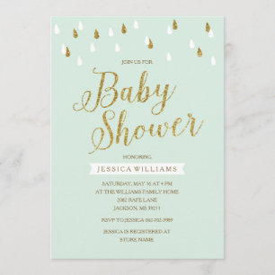 Invitación Purpurina Mint Green y Gold llueve a Baby Shower