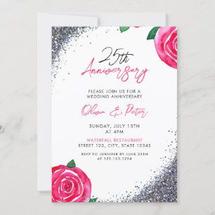 Invitación Purpurina moda Plata 25° aniversario Boda