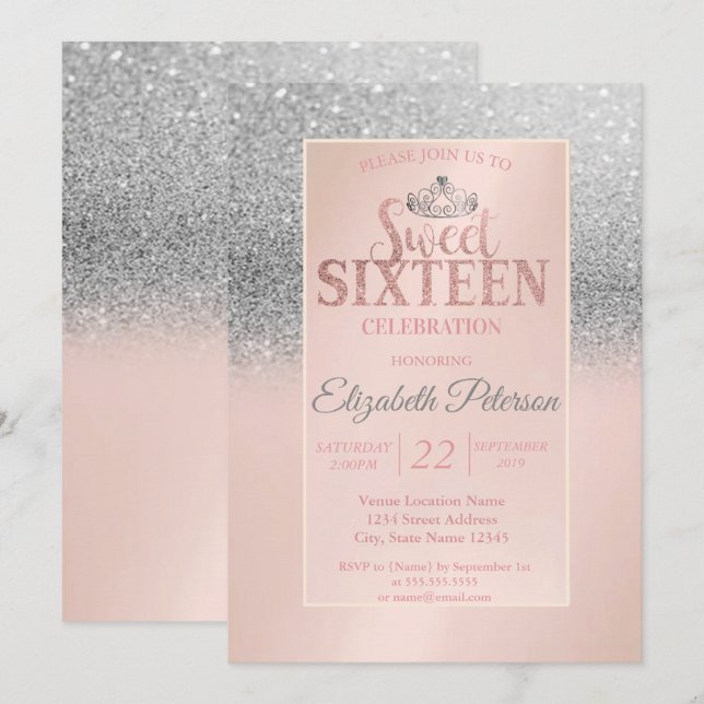Invitación Purpurina moda Plata Bokeh, Tiara Sweet 16 Fiesta (Anverso / Reverso)