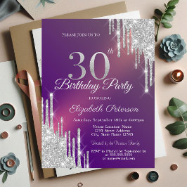 Invitación Purpurina moda Plata gotea Morado 30 cumpleaños