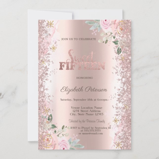 Invitación Purpurina moderno Confetti Rosa Rosas de oro 15.º (Anverso)