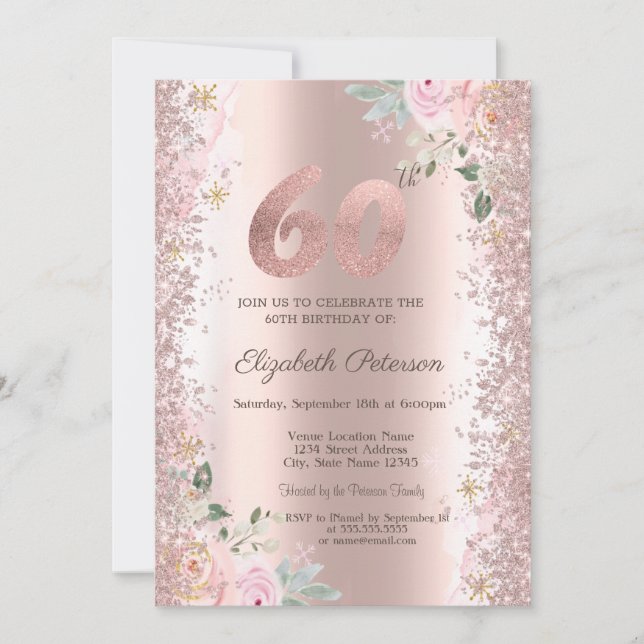 Invitación Purpurina moderno Confetti Rosa Rosas de oro 60 (Anverso)