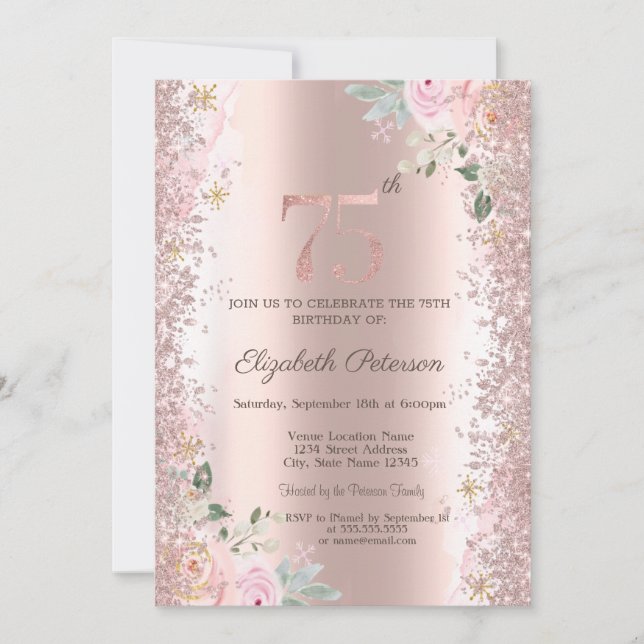 Invitación Purpurina moderno Confetti Rosa Rosas de oro 75 (Anverso)