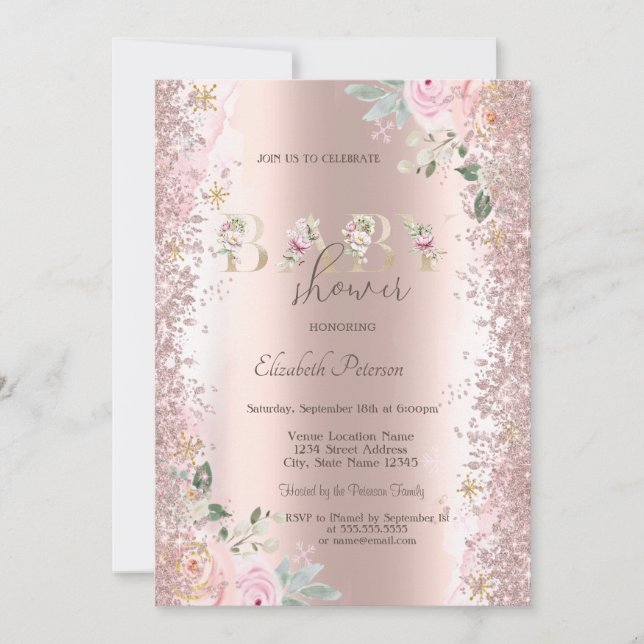 Invitación Purpurina moderno Confetti Rosa Rosas de oro bebé  (Anverso)