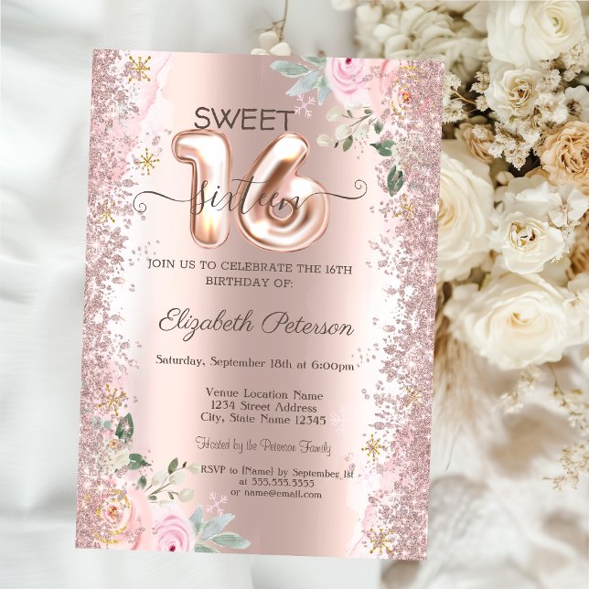 Invitación Purpurina moderno Confetti Rosa Rosas de oro dulce (Subido por el creador)