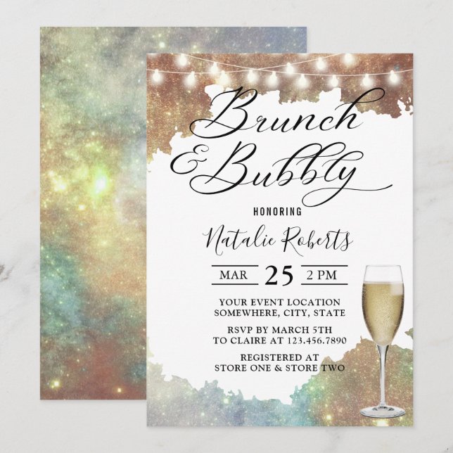 Invitación Purpurina moderno de brunch y bubbly (Anverso / Reverso)