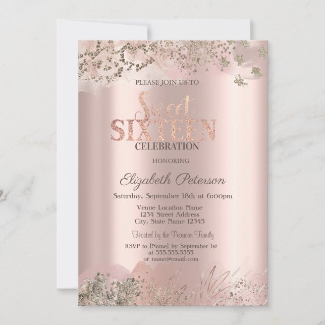 Invitación Purpurina moderno Diamantes Rosa Oro Dulce 16 (Anverso)