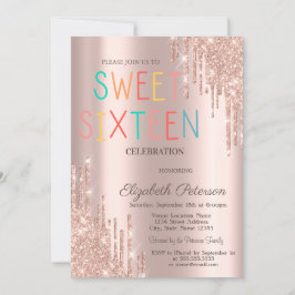 Invitación Purpurina moderno Drips Rosa Dulce dorado 16