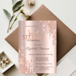 Invitación Purpurina moderno Drips Rosa Gold Sweet 16