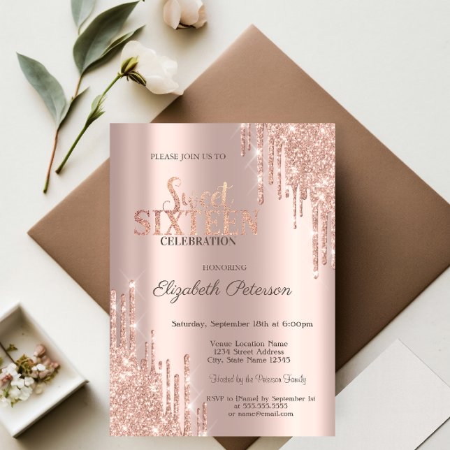 Invitación Purpurina moderno Drips Rosa Gold Sweet 16 (Subido por el creador)