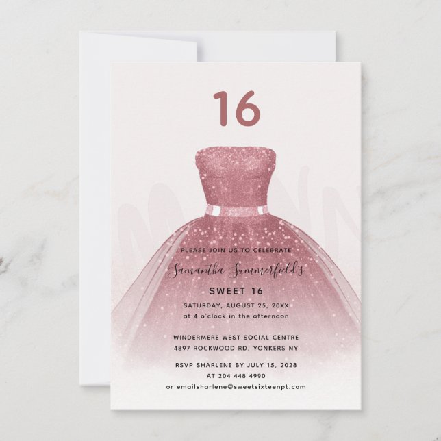 Invitación Purpurina moderno dulce 16 guión Rosa oro cumpleañ (Anverso)