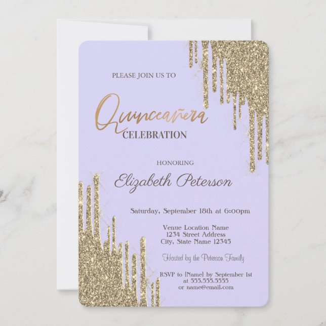 Invitación Purpurina moderno gotea Lavander Quinceañera (Anverso)
