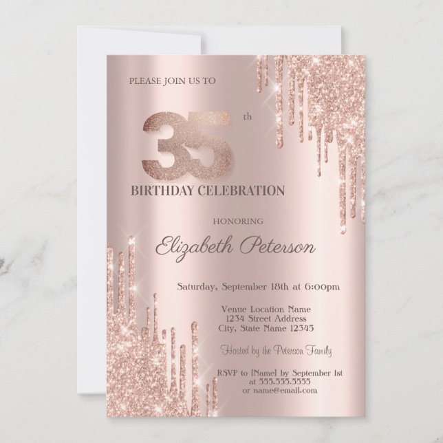 Invitación Purpurina moderno gotea oro Rosa Oro 35 cumpleaños (Anverso)