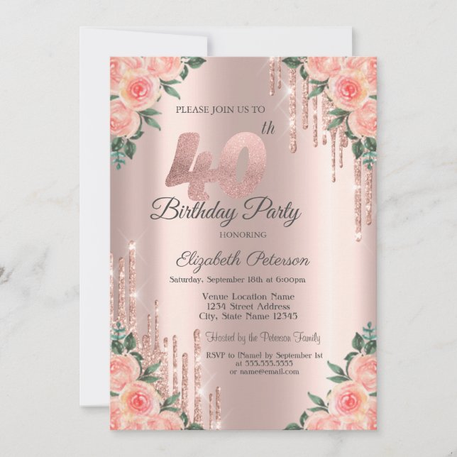 Invitación Purpurina moderno gotea Rosa floral oro 40 (Anverso)
