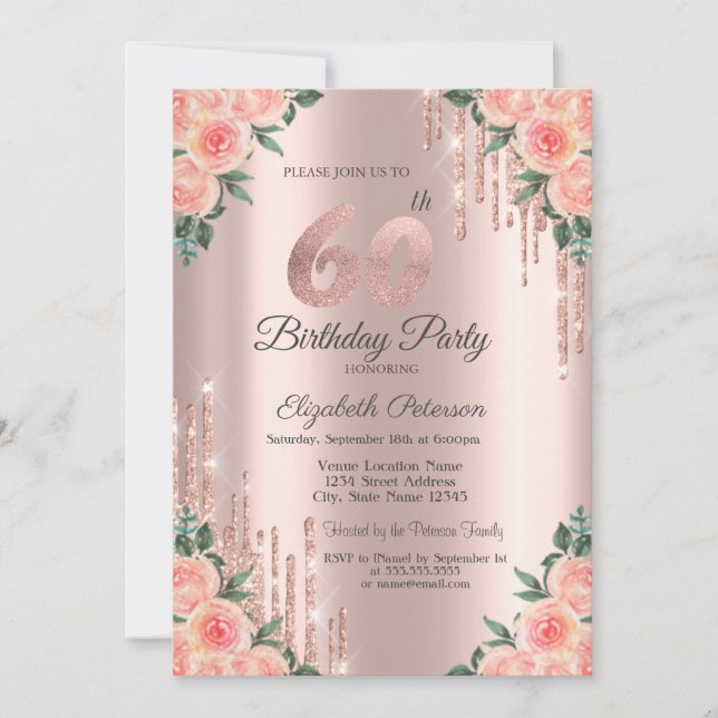 Invitación Purpurina moderno gotea Rosa floral Oro 60 (Anverso)