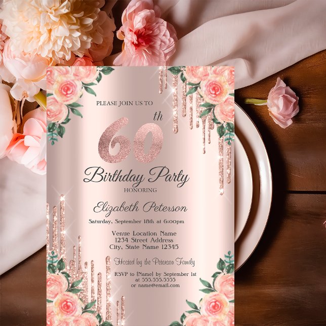 Invitación Purpurina moderno gotea Rosa floral Oro 60 (Subido por el creador)
