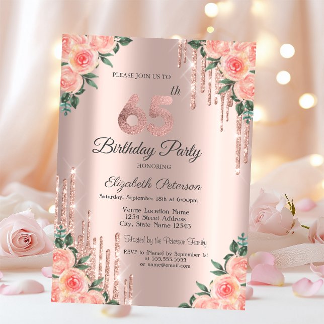 Invitación Purpurina moderno gotea Rosa floral Oro 65 (Subido por el creador)
