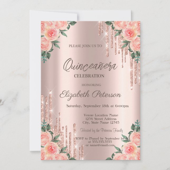 Invitación Purpurina moderno gotea Rosa floral Oro Quinceaner (Anverso)