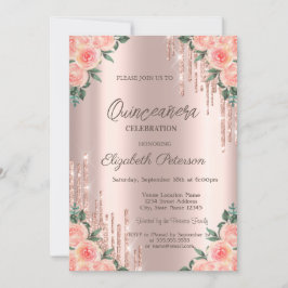 Invitación Purpurina moderno gotea Rosa floral Oro Quinceaner