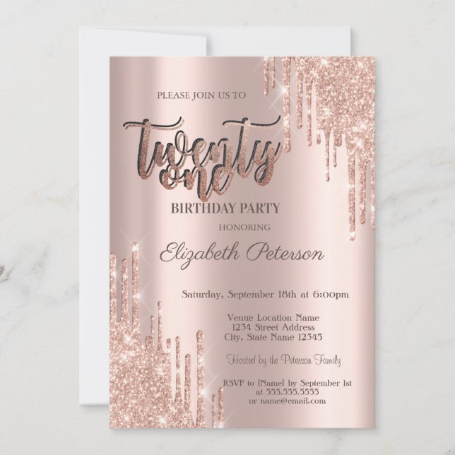 Invitación Purpurina moderno gotea Rosa Oro 21 Fiesta de cump (Anverso)