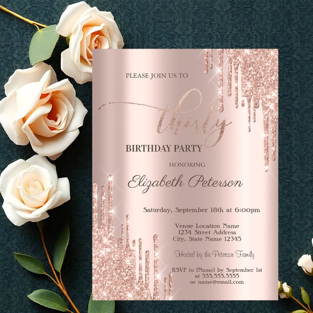 Invitación Purpurina moderno gotea Rosa Oro 30 cumpleaños Fie (Subido por el creador)