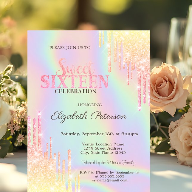 Invitación Purpurina moderno goteo Holográfico dulce 16 (Subido por el creador)
