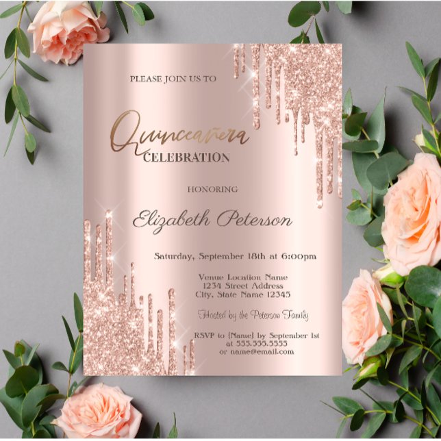 Invitación Purpurina moderno goteo Rosa Oro Quinceañera (Subido por el creador)