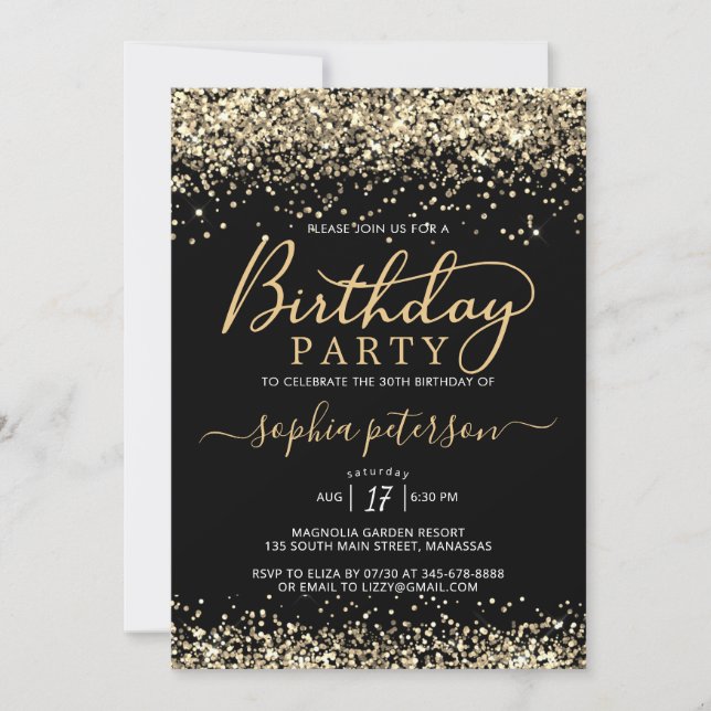 Invitación Purpurina moderno negro y oro cualquier cumpleaños (Anverso)
