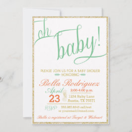 Invitación Purpurina moderno Oh Baby Shower Coral Mint Gold