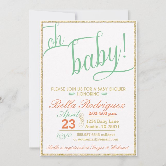 Invitación Purpurina moderno Oh Baby Shower Coral Mint Gold (Anverso)