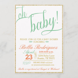 Invitación Purpurina moderno Oh Baby Shower Coral Mint Gold